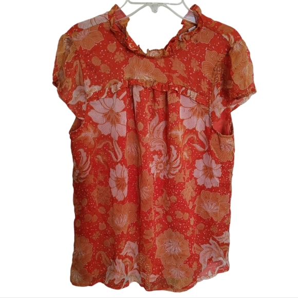 New Joie Orange Gold Floral Flutter Sleeveless Keyhole Blouse Size Medium - Picture 1 of 16